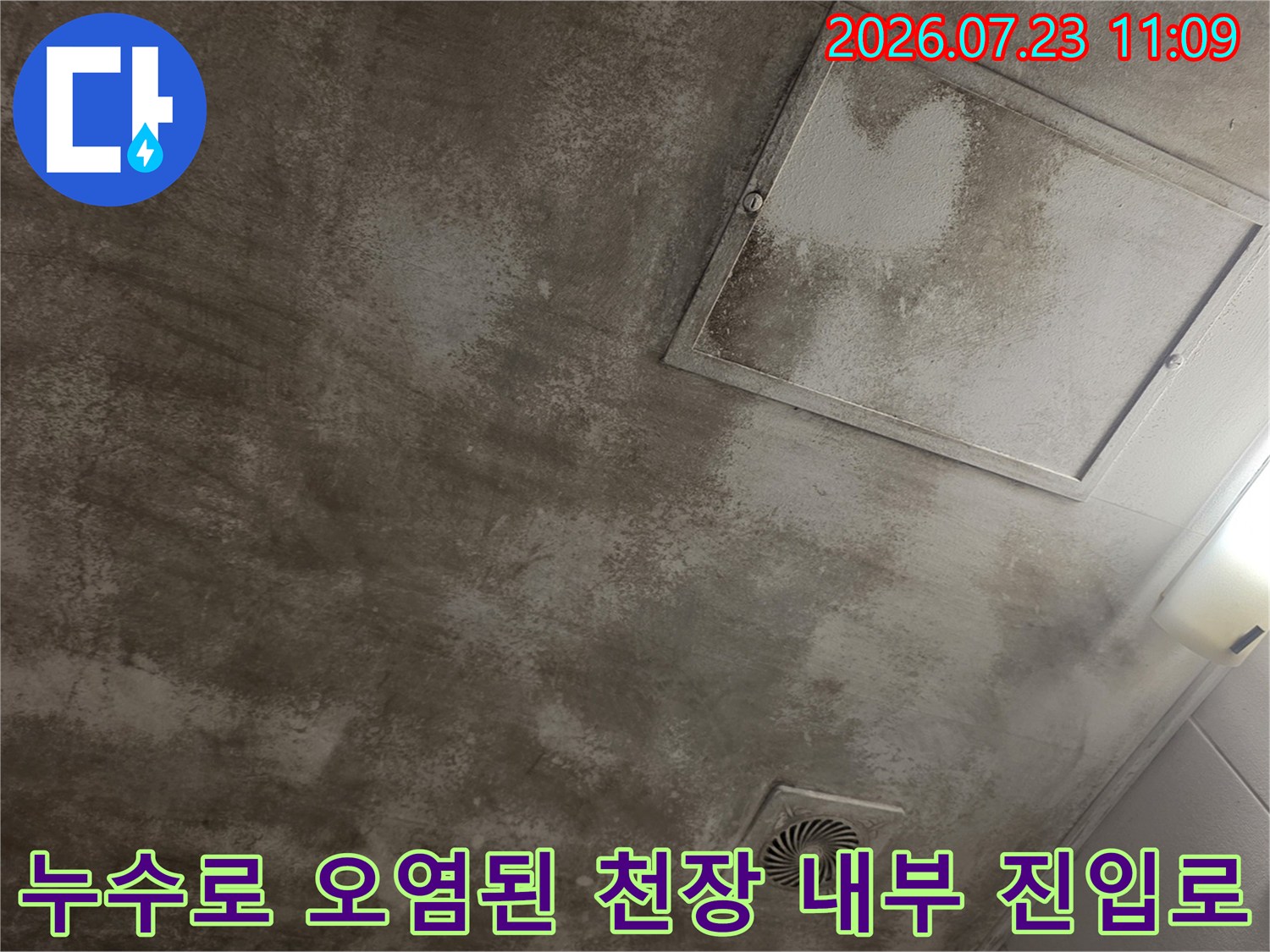 사각형의 천장 점검구와 주변으로 넓게 퍼진 누수 얼룩-회색 톤의 천장