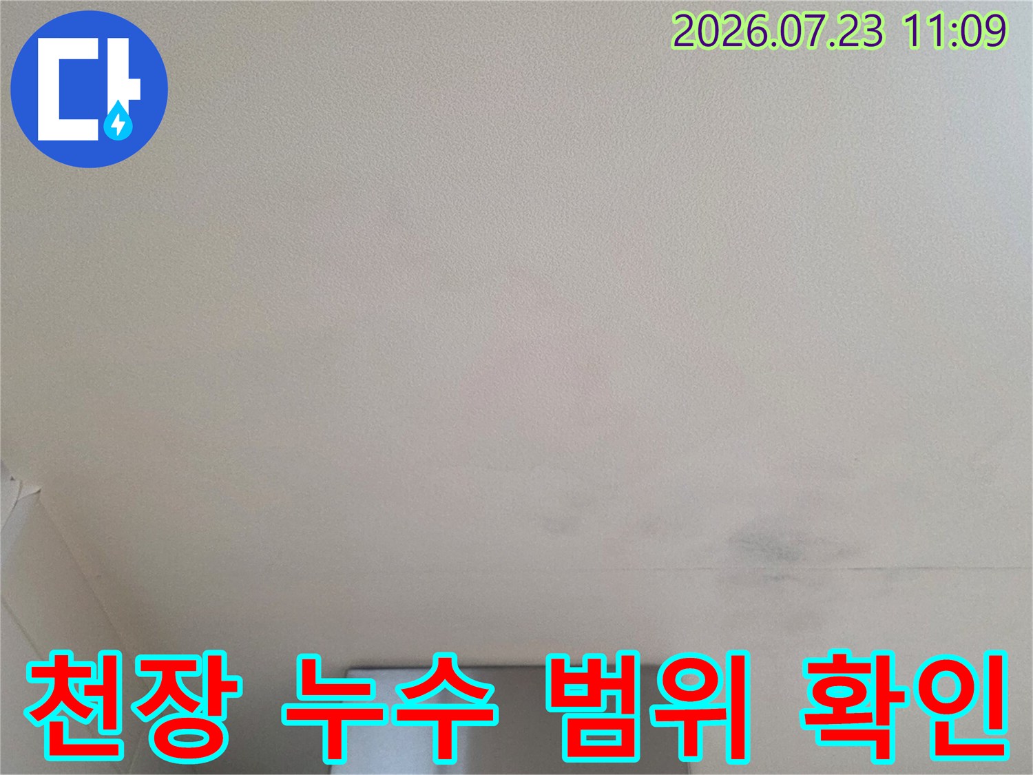 흰색 천장에 넓게 퍼진 회색빛의 습기 얼룩-누수 증거