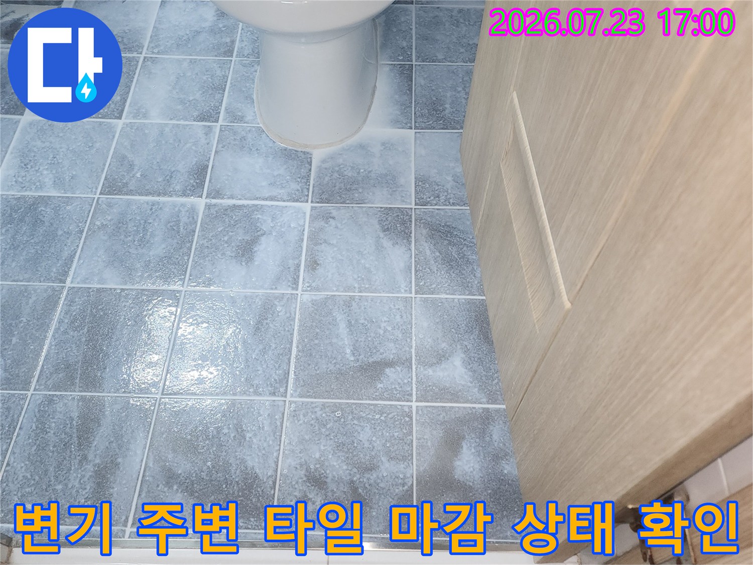 화장실 내부에 설치된 도기와 벽면의 푸른색 타일-누수 진단을 위한 기초 사진