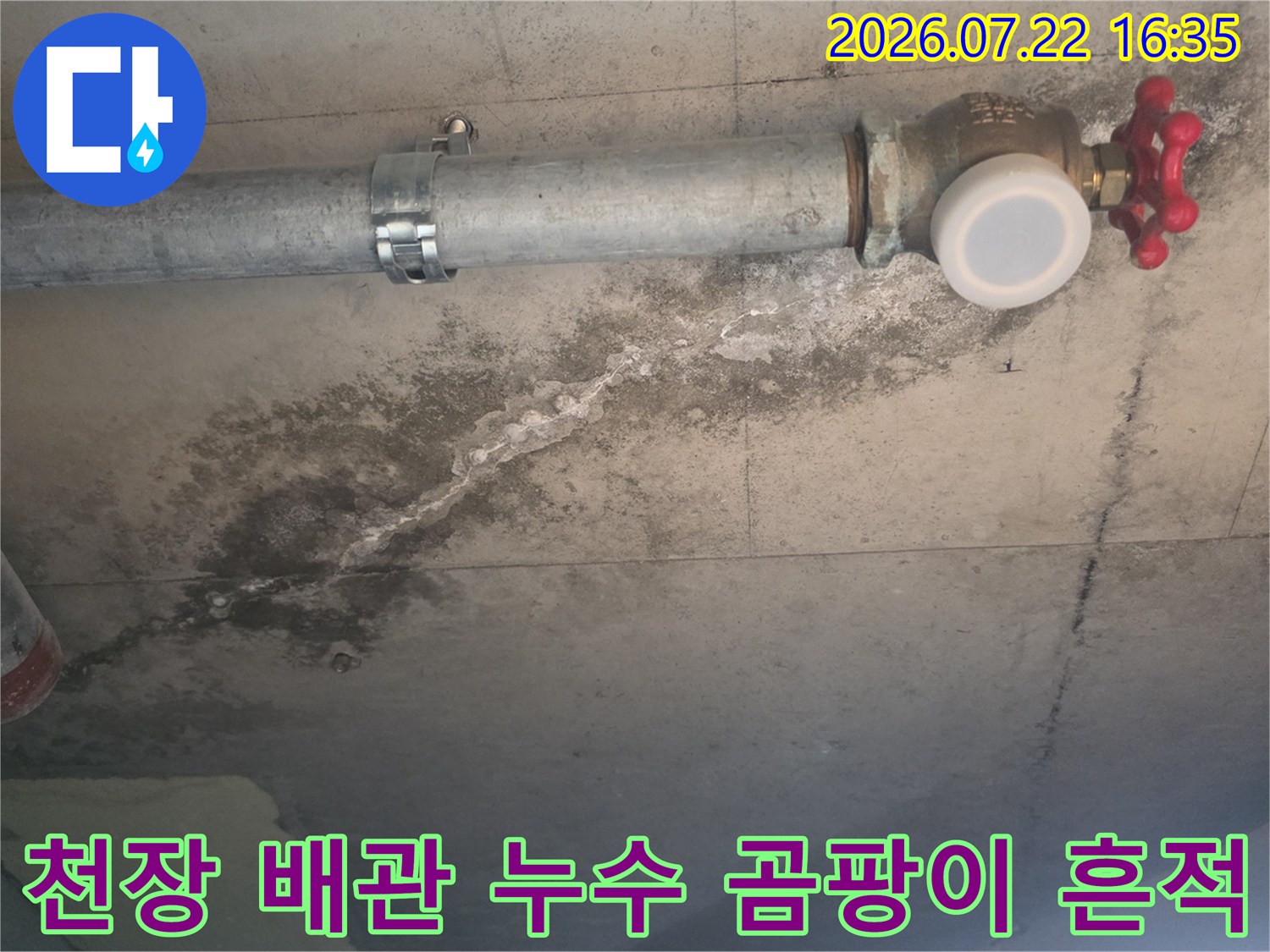 은색 금속 배관 하단 콘크리트 천장에 발생한 검고 어두운 누수 얼룩과 습기 자국