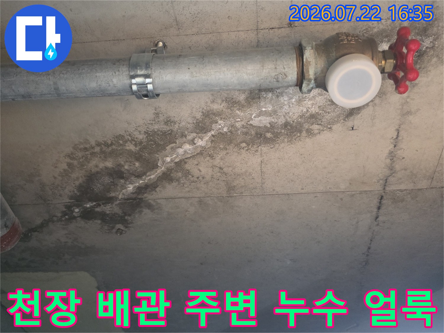 콘크리트 천장에 설치된 금속 배관과 그 주변으로 넓게 퍼진 누수 얼룩-사진