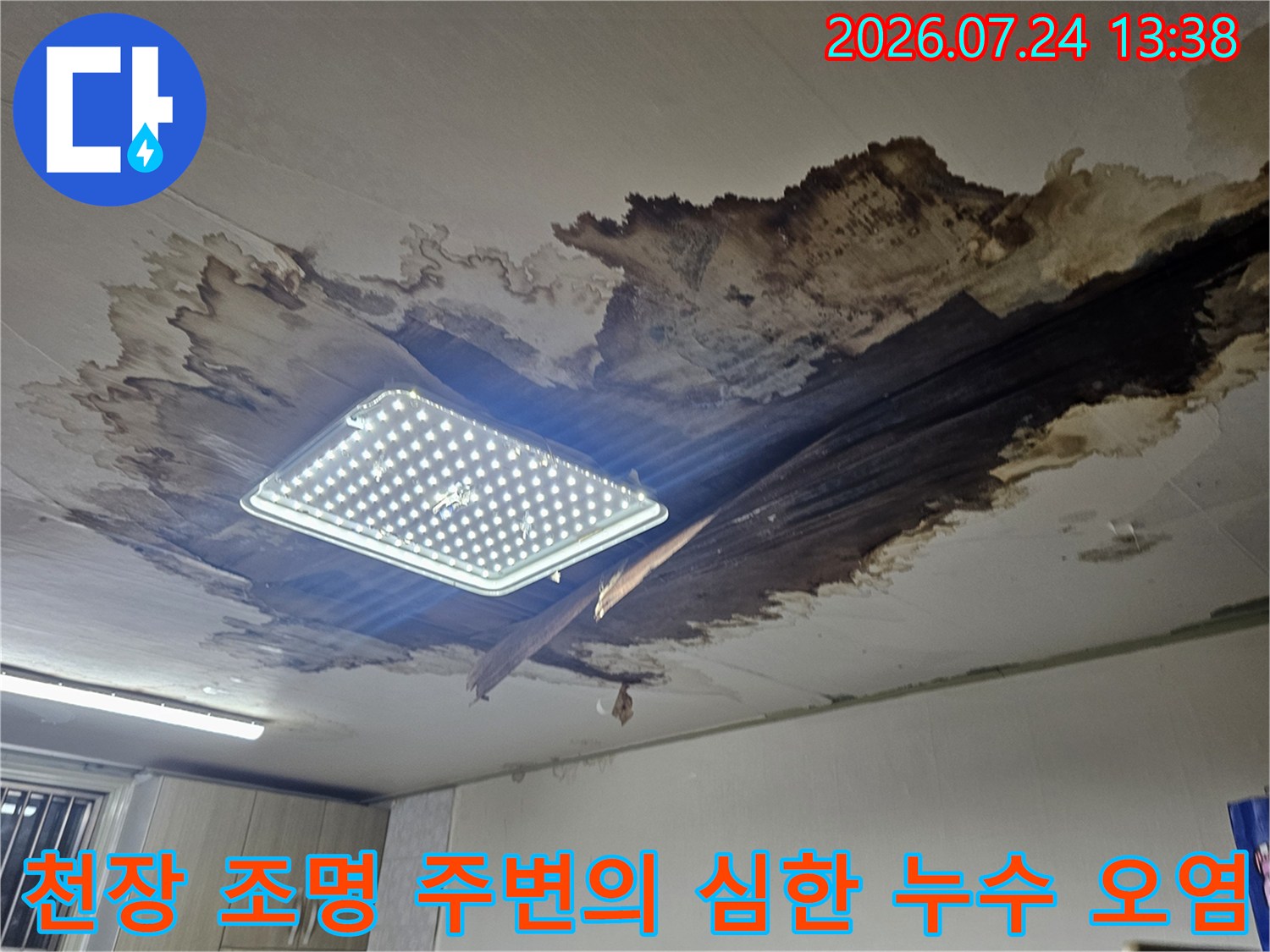 갈색과 검은색으로 변색된 천장 마감재-일부가 찢어지고 떨어진 파손 부위