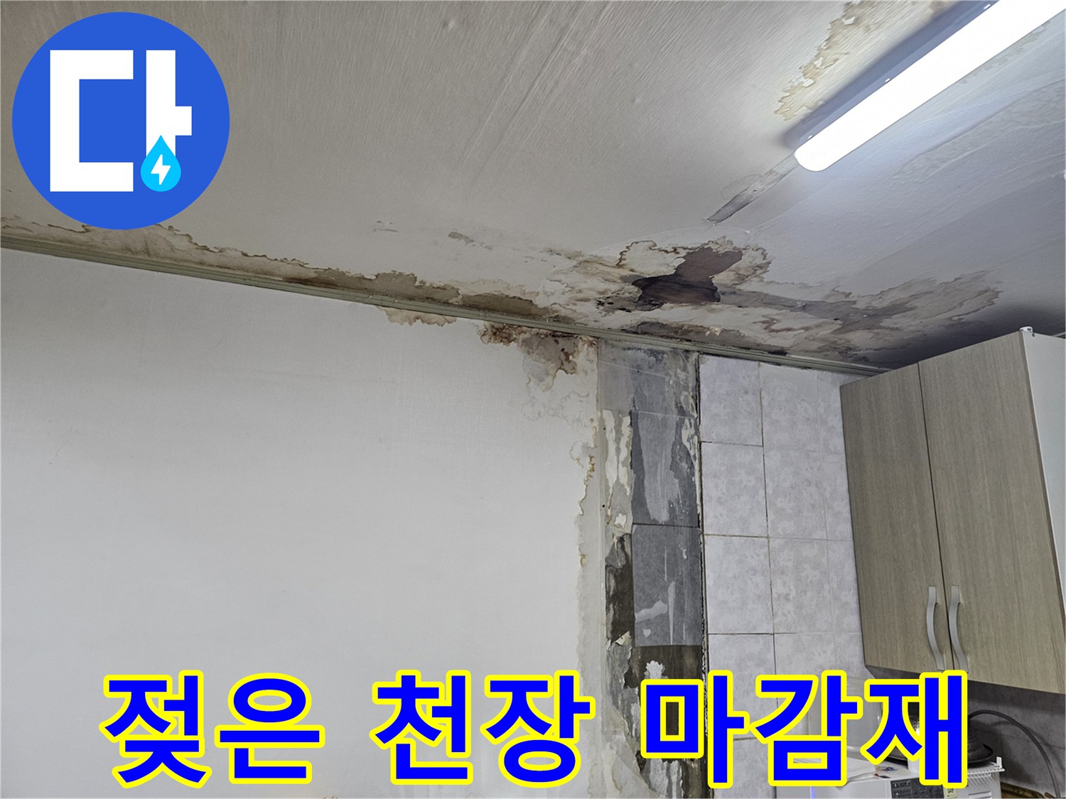 반지하 주방 천장 - 누수로 인해 젖어 있는 석고보드와 얼룩진 벽면