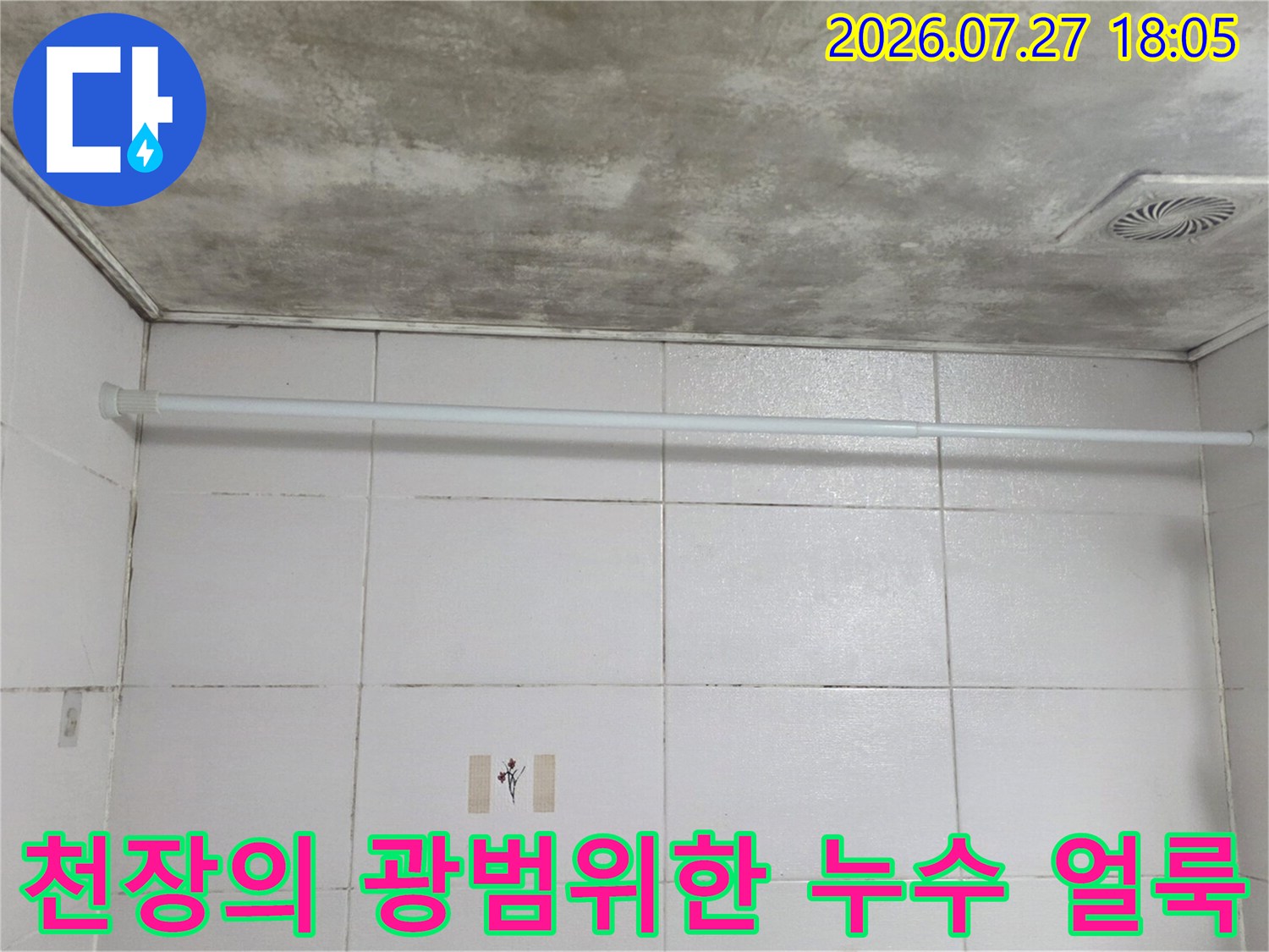 화장실 천장에 회갈색으로 넓게 퍼진 물자국과 습기로 인한 변색 상태