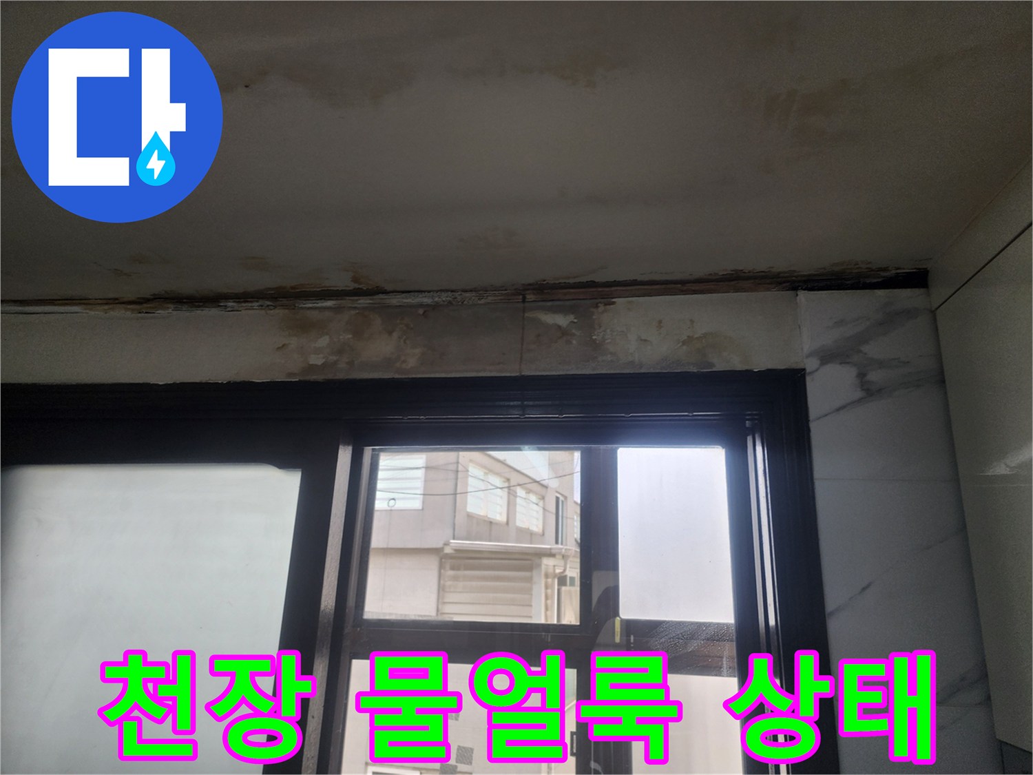 천장 면적에 퍼진 넓은 누수 흔적과 얼룩