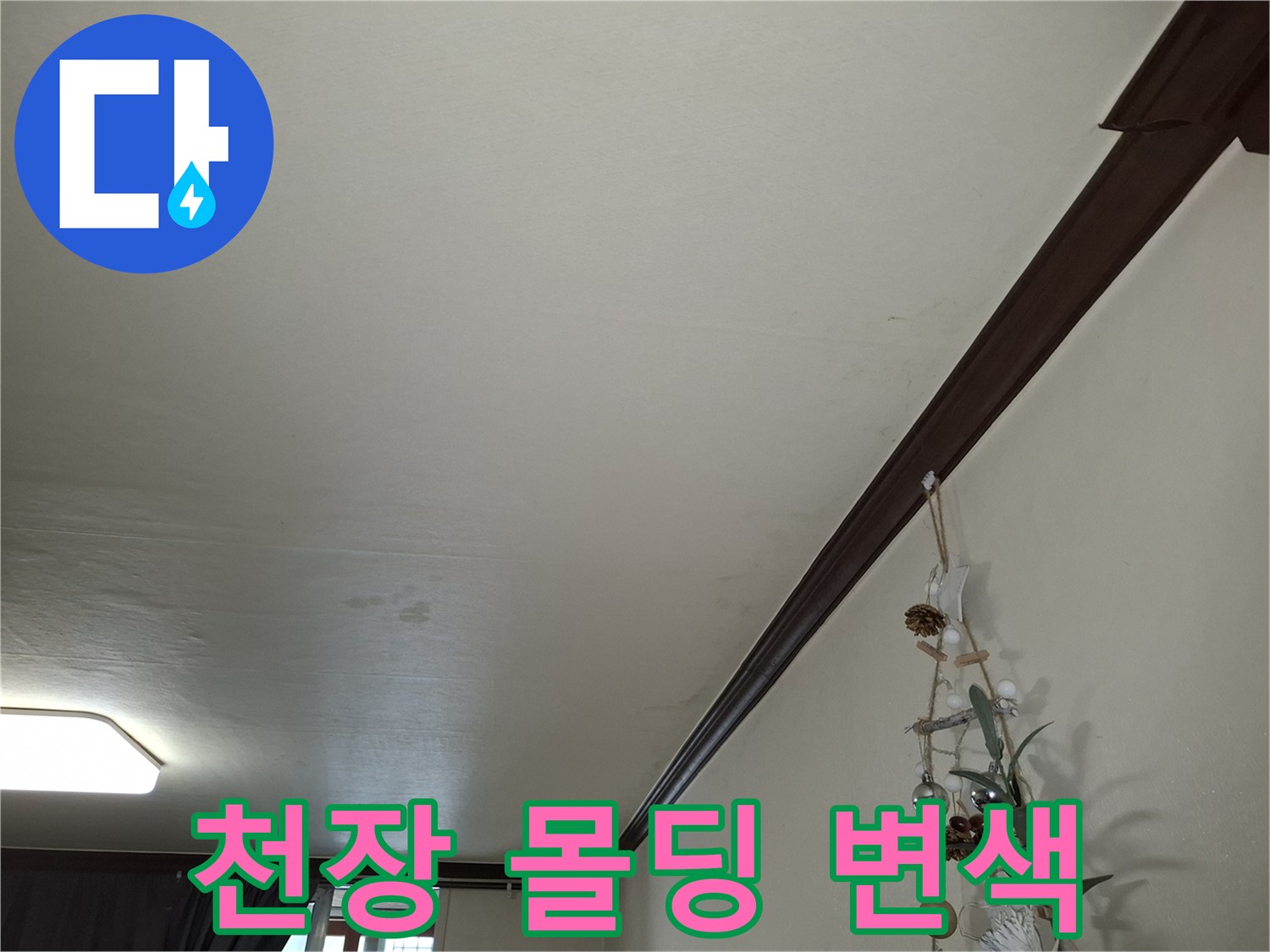어두운 색상의 천장 몰딩과 인접한 천장 면의 습기 자국