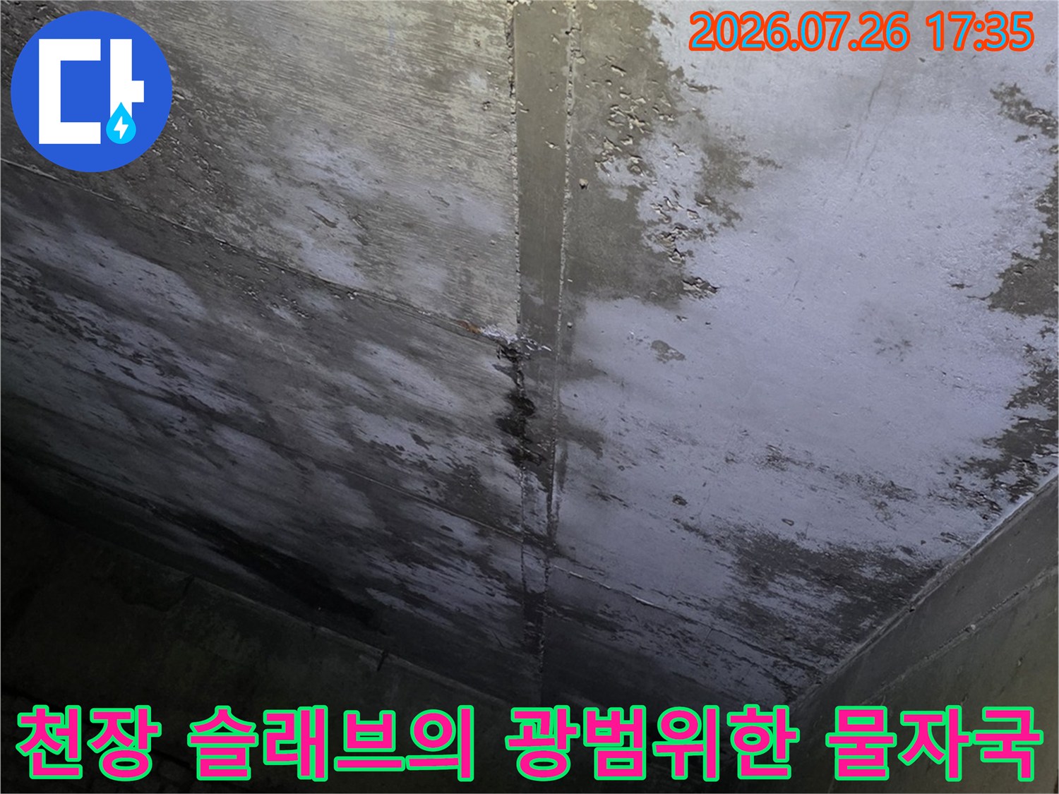 물에 젖어 변색된 콘크리트 천장 표면과 습윤 상태가 드러난 사진