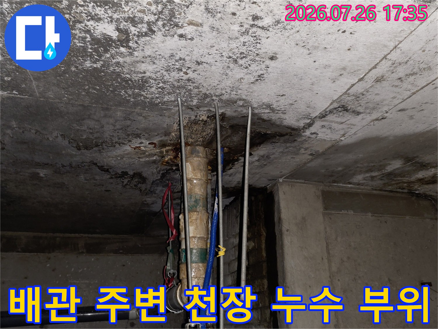 습기로 인해 검게 변한 상가 천장-수직 배관과 철제 지지대 노출 모습