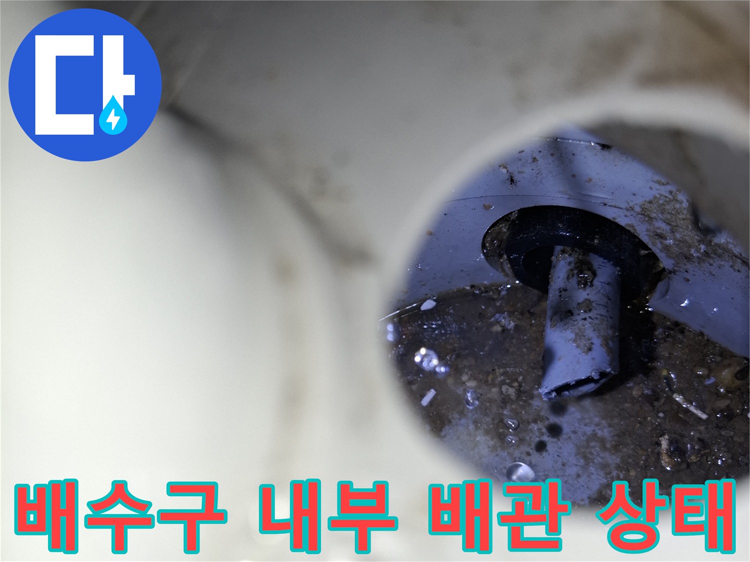다용도실 하부 - 배수관 주변의 오염과 습기를 보여주는 사진입니다.