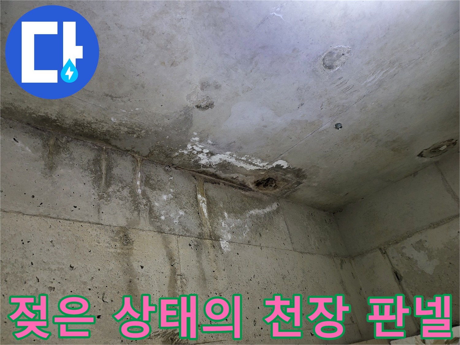 누수로 인해 얼룩진 화장실 천장 마감재 사진