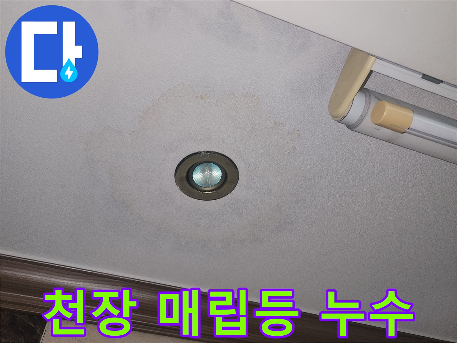 거실 천장 조명 주변에 발생한 누수 흔적과 벽지 변색 부위 상세