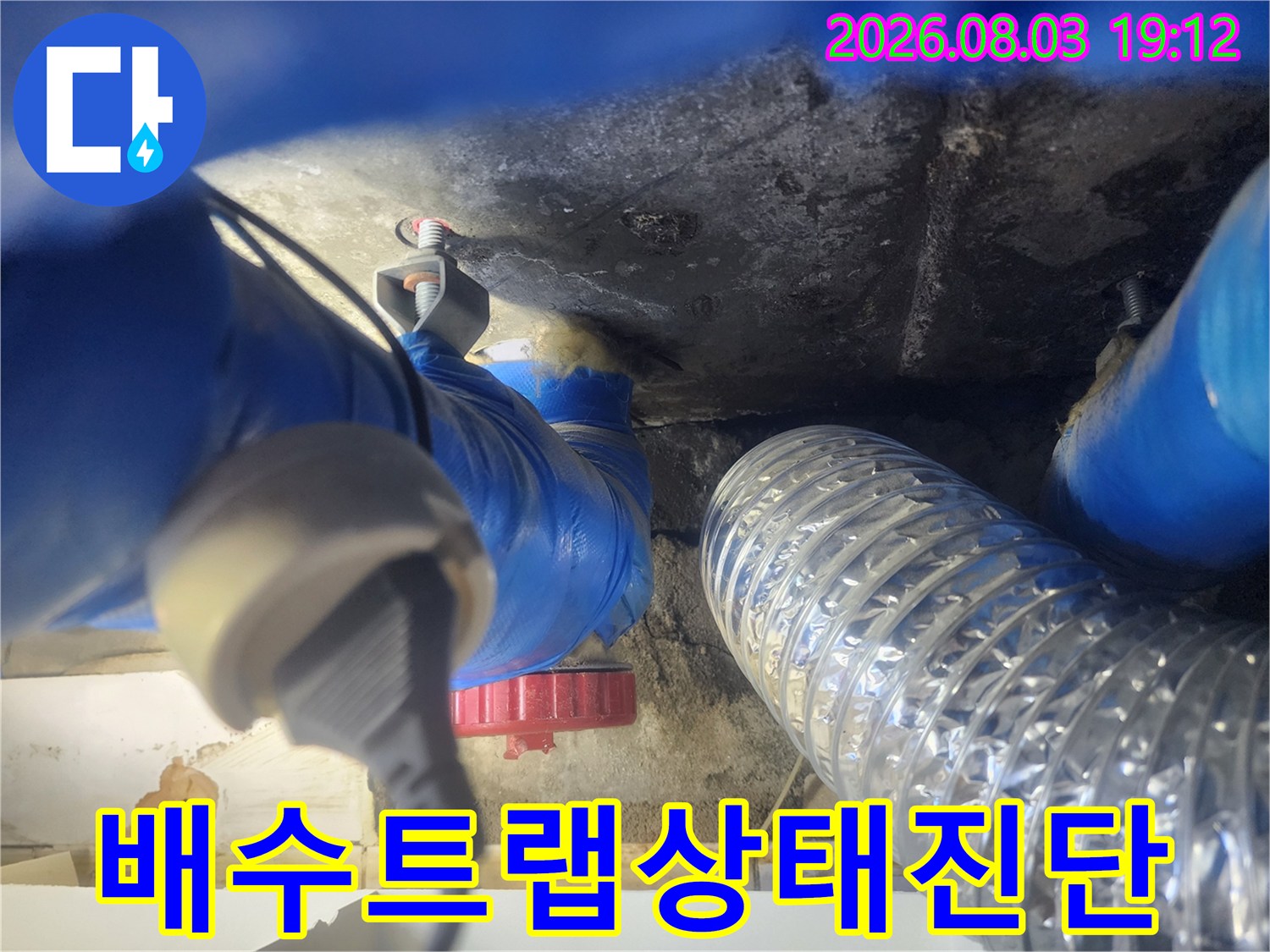 파란색 배수관과 트랩 연결 부위의 누수 여부 정밀 점검