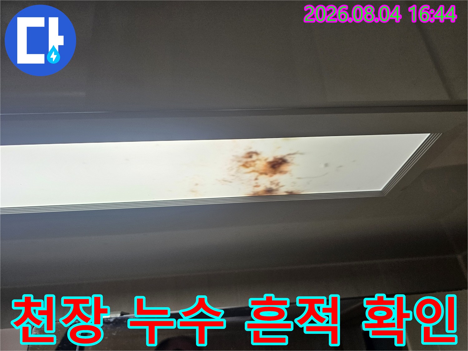 화장실 천장 마감재와 조명 주변에 형성된 배관 누수의 증거