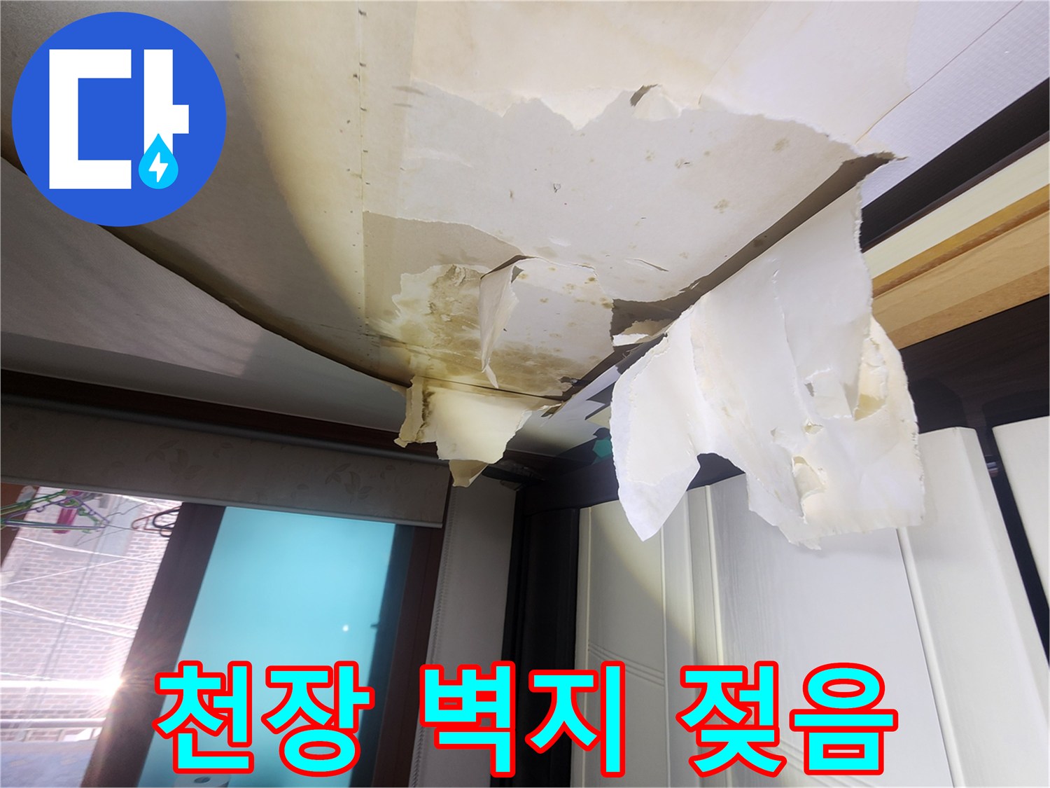 중랑구 면목동-거실 천장 벽지가 물에 젖어 들뜬 모습
