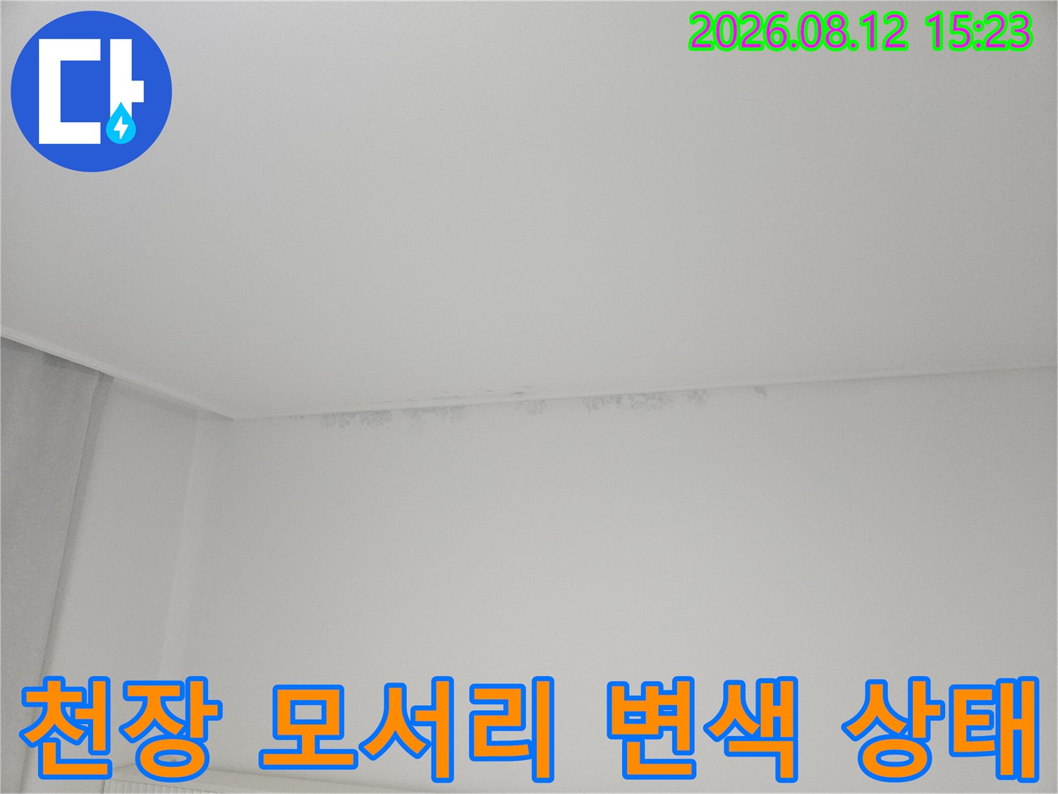 안방 천장 구석-벽지와 천장 사이 틈새로 번진 누수 자국과 오염
