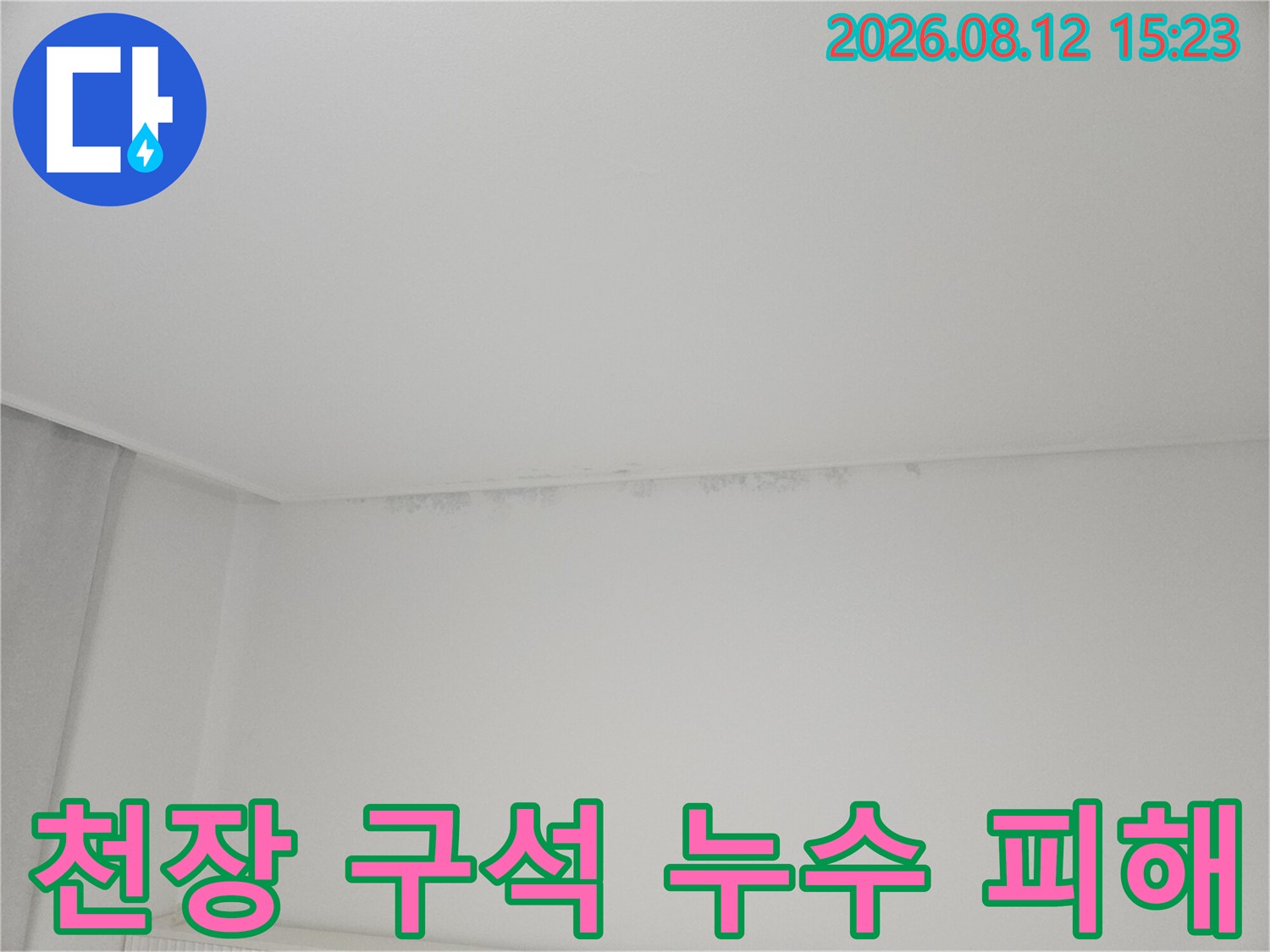 천장과 벽의 경계선에 회색빛으로 번진 누수로 인한 곰팡이와 얼룩-사진