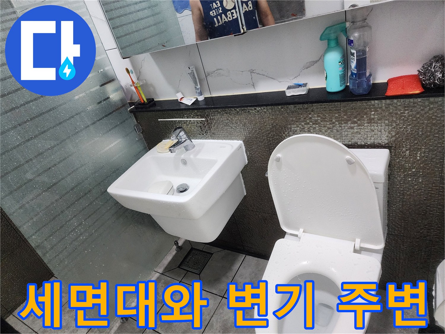 화장\text{실}\text{ 세}\text{면}\text{대}\text{와}\text{ 변}\text{기}\text{가}\text{ 설치}\text{된}\text{ 화}\text{실}\text{내}\text{ 전}\text{경}