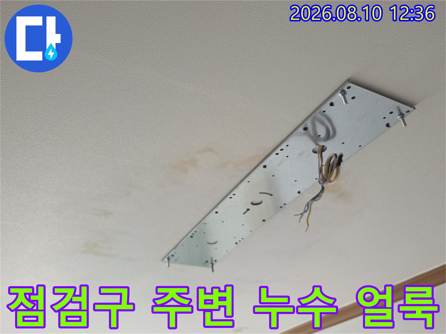 거실 천장 점검구-주변에 번져 있는 누수 물자국 현황