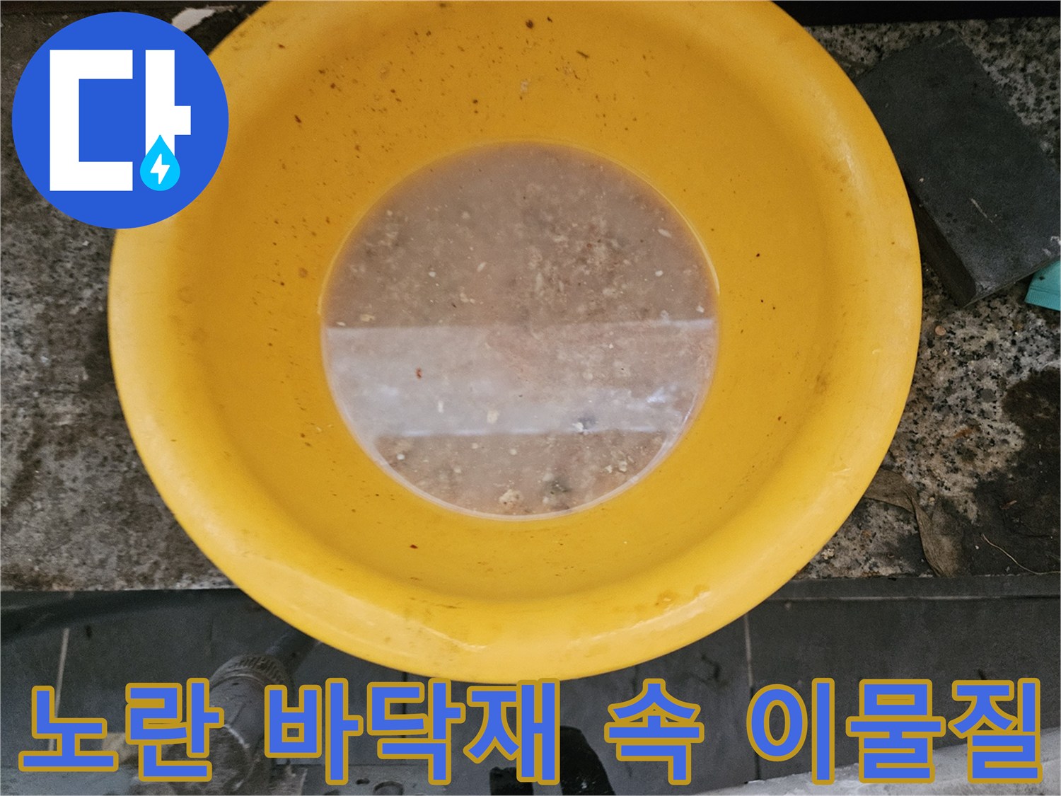 노란색 플라스틱 용기 안에 고여 있는 탁한 물과 오물