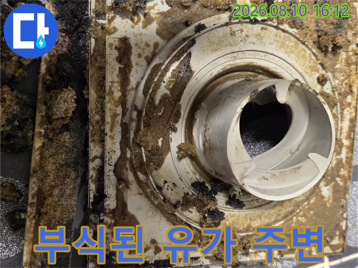 오염물과 곰팡이가 뒤섞인 노후 배수구 부위