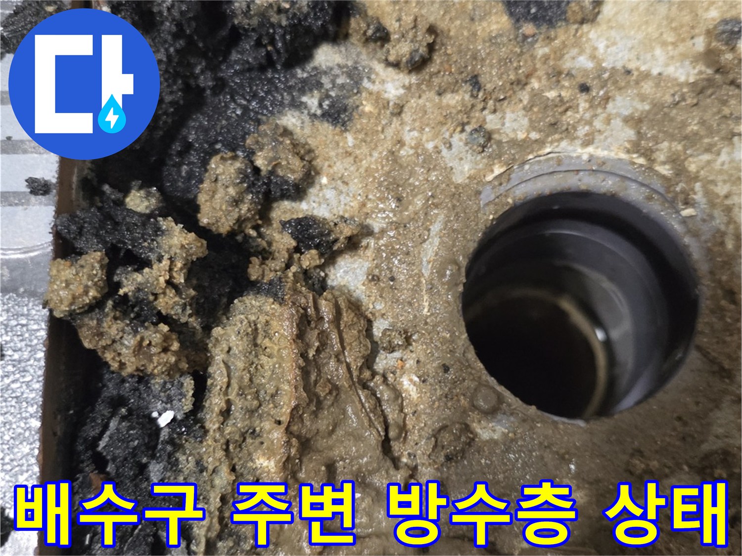 욕실 배수구 유가 주변의 부식된 방수층 모습