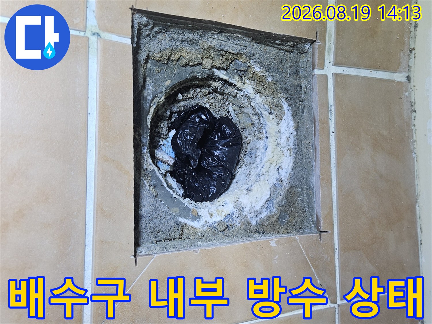 욕실-배수구 유가 주변의 방수층 파손과 오염된 모습을 보여줍니다.