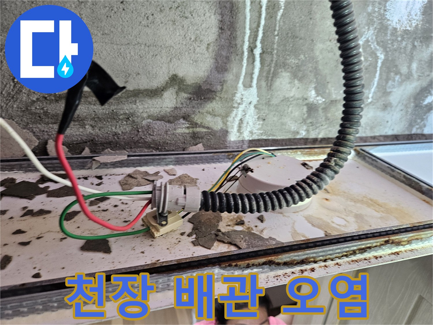 양주 옥정동 배관 상태 - 습기와 오염이 진행된 천장 내부 모습