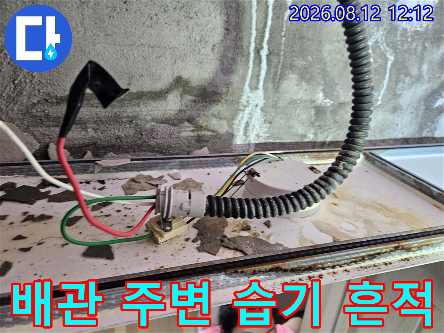 전선관과 배관 접합부를 따라 나타난 젖은 콘크리트 표면 상태