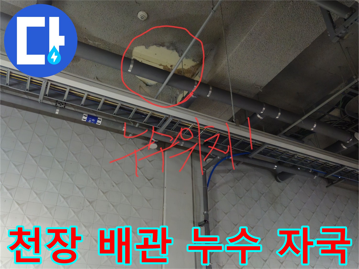 지하주차장 천장 배관 주변의 물샘 흔적과 얼룩