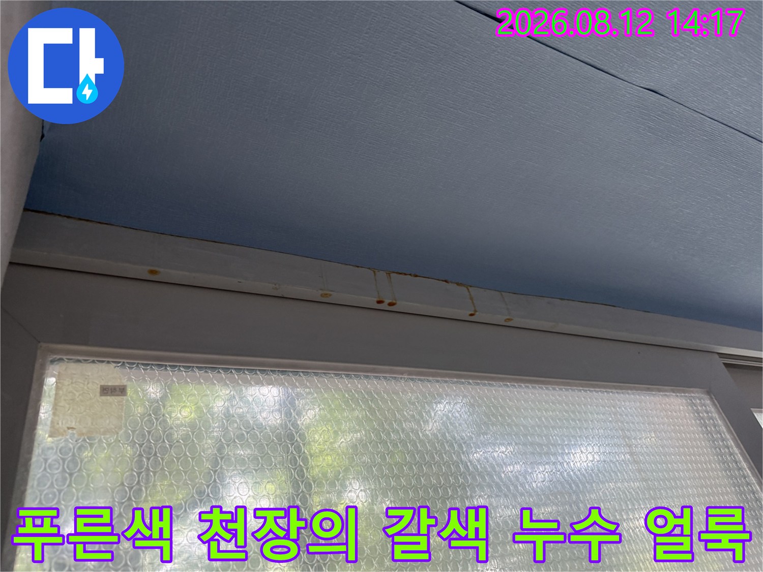 베란다의 푸른색 천장재와 흰색 몰딩 경계면에 나타난 누수 오염-사진