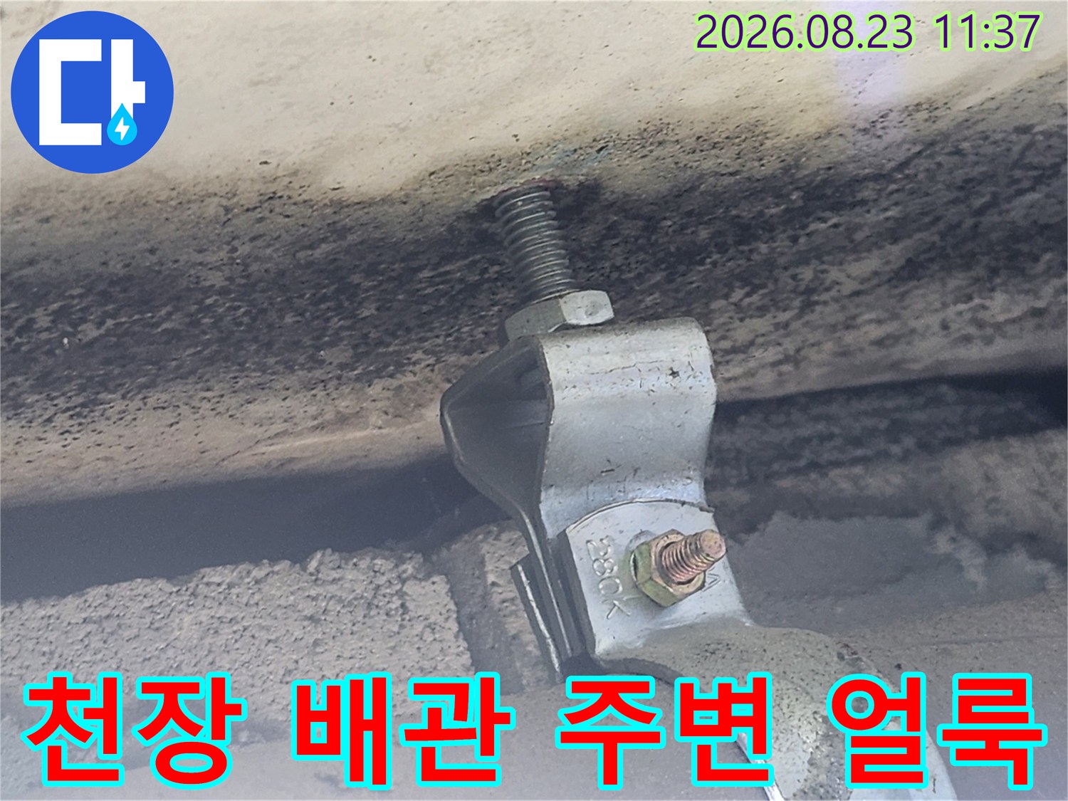 욕실 천장 배관 주위에 나타난 어두운 습기 자국
