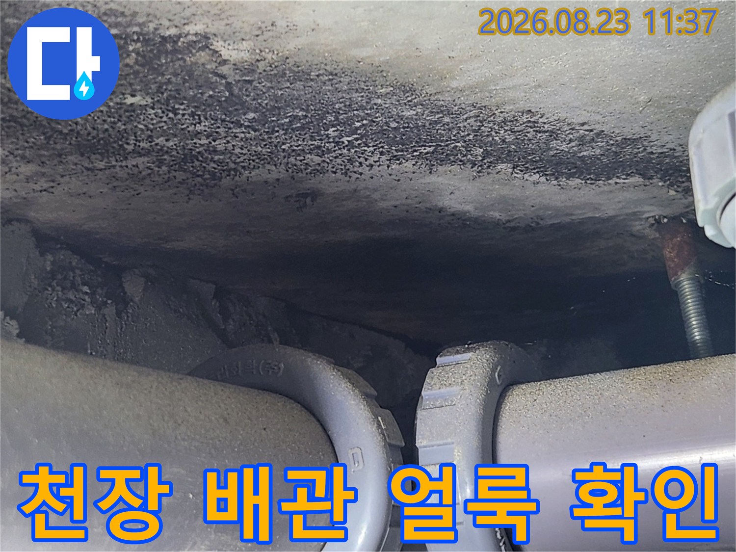 천장 내부 배관 주변의 어두운 물 유입 흔적과 오염