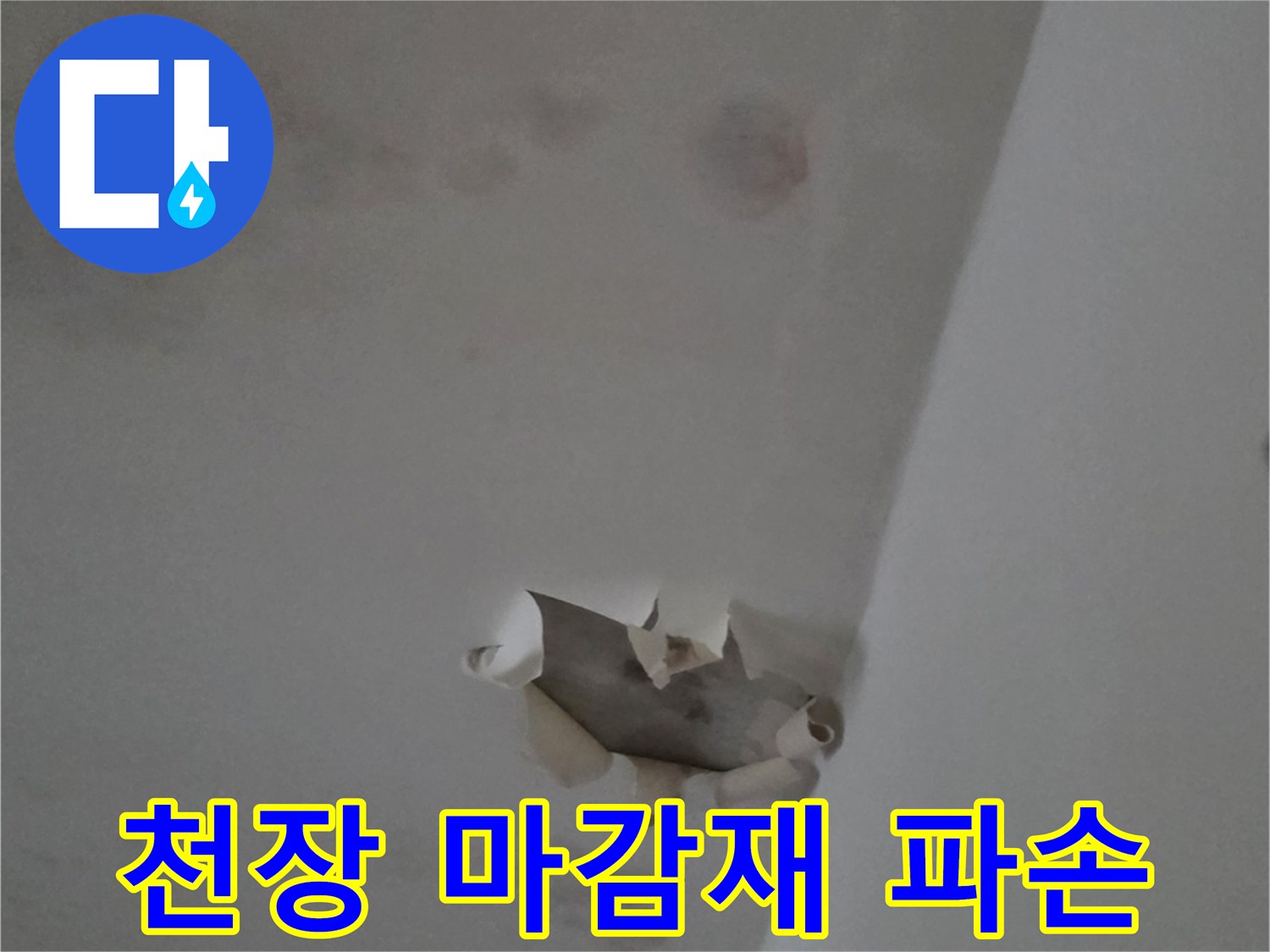 누수 압력과 습기로 인해 찢어진 천장 도배지 모습입니다.