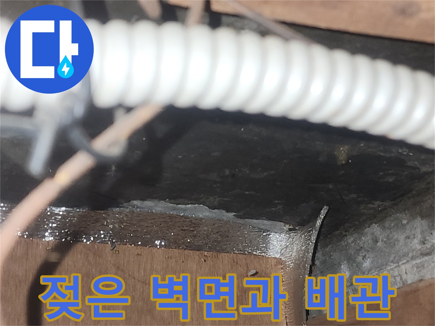 배관 주변의-축축한 벽면과-흰색 주름관