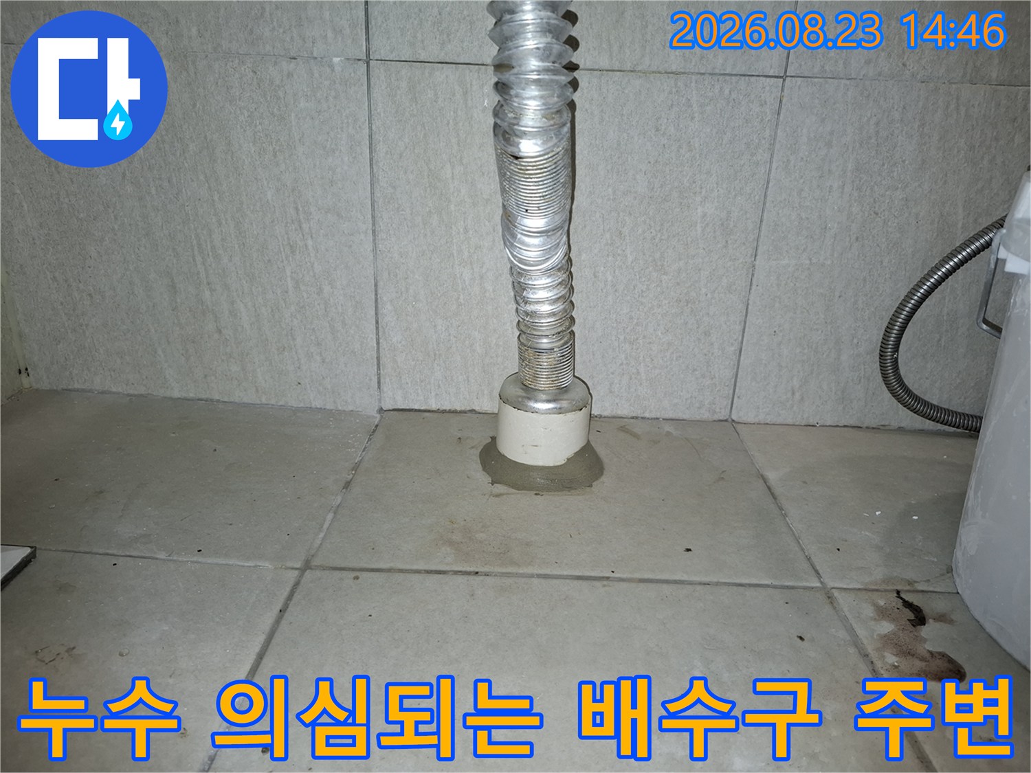 세탁실 바닥 배수구-배관과 타일 사이의 틈새와 오염된 상태를 보여줍니다.