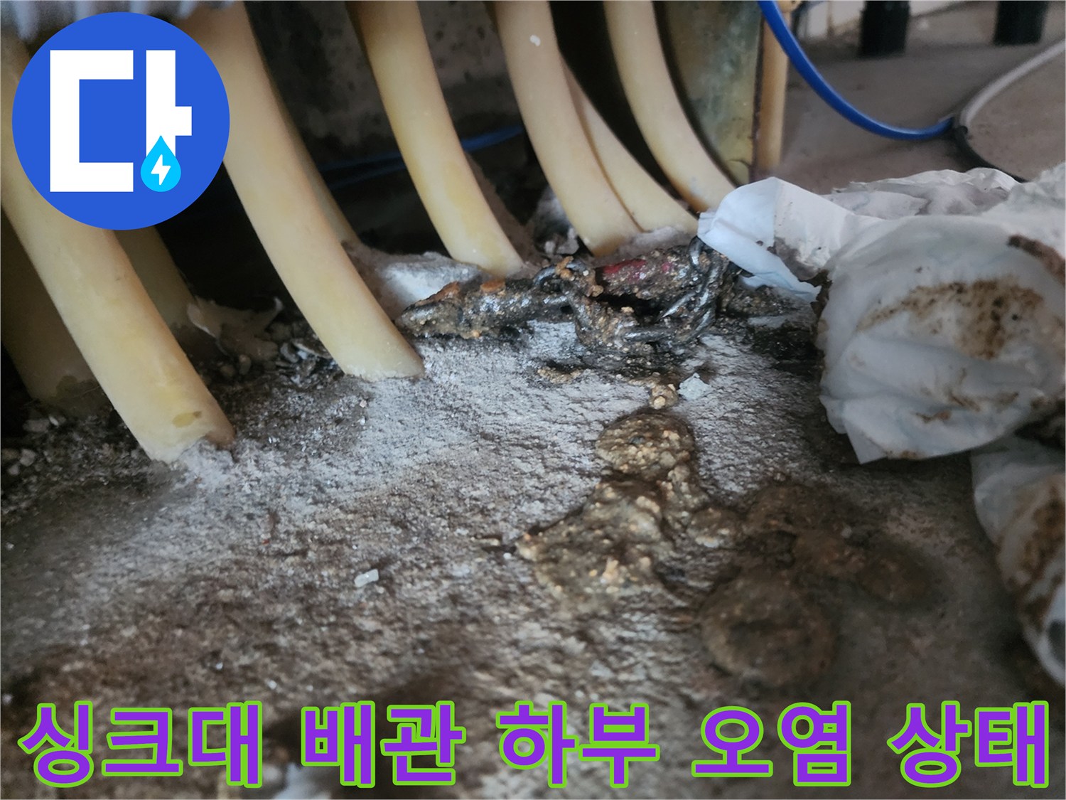 싱크대-아래쪽-배관-주변에-쌓인-이물질과-오염된-바닥-상태