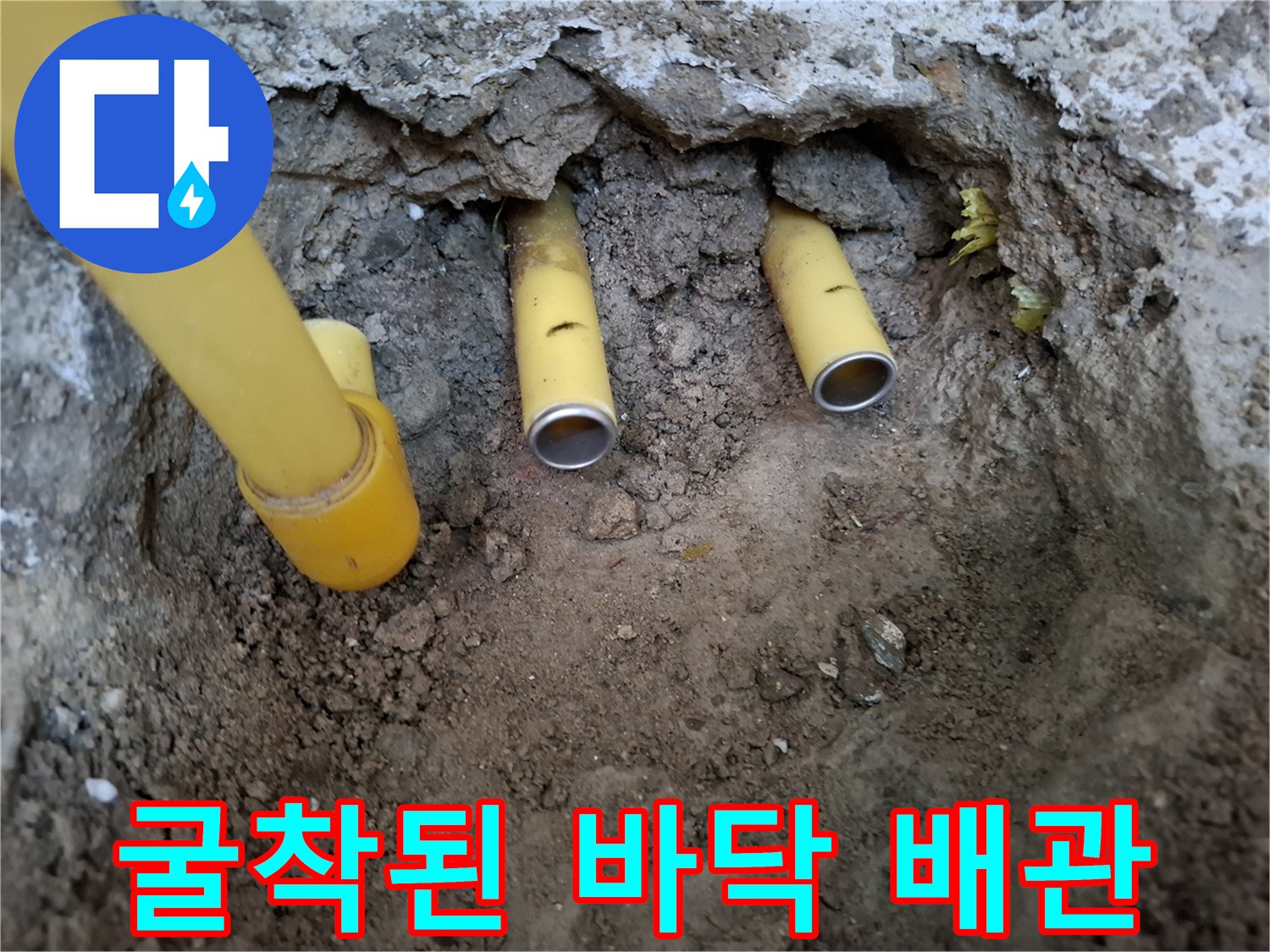 배관 누수 지점을 찾기 위해 - 흙을 제거하고 드러낸 배관 상태