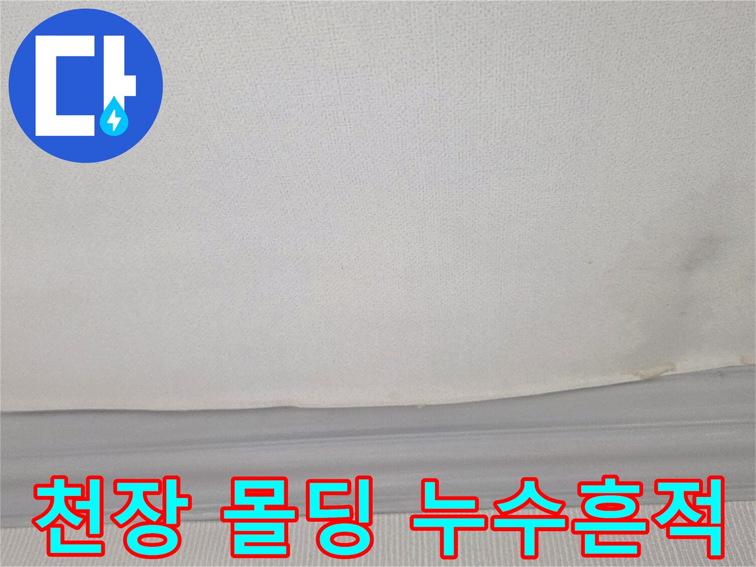 흰색 천장 마감재와 몰딩 사이의 어두운 얼룩 부위
