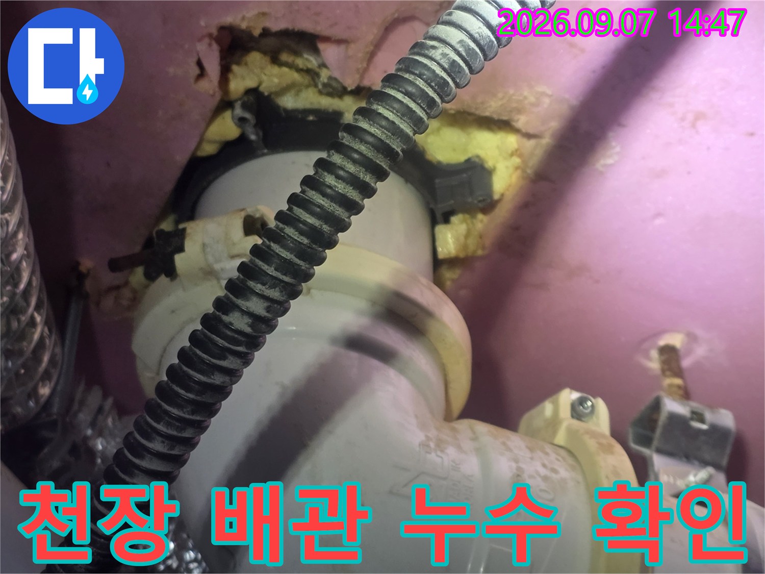 고양시 덕양구 아랫집 욕실 천장 배관 연결 부위의 누수 현상 점검 사진입니다.