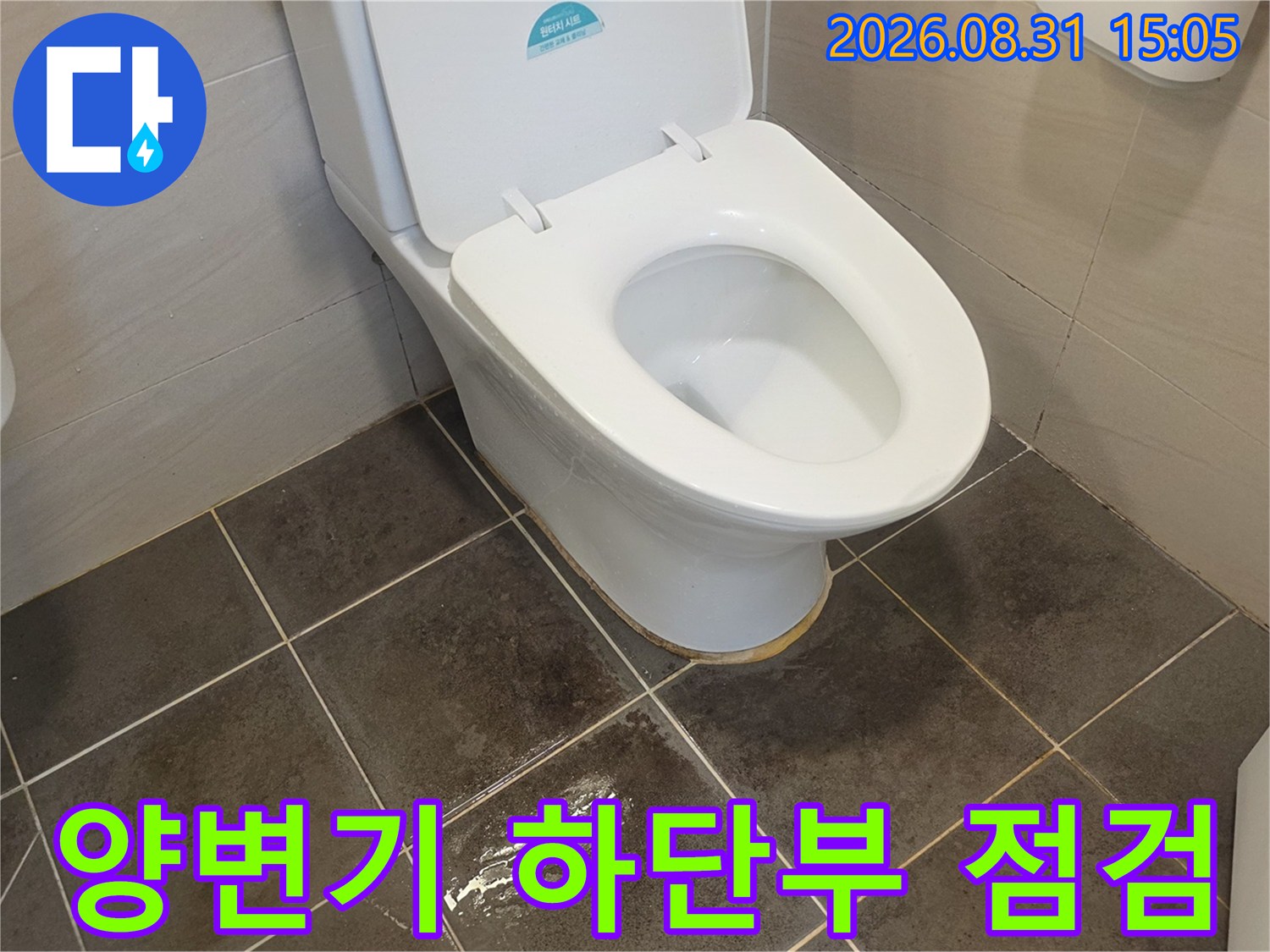 양변기 아래쪽 타일과 접합 부위를 촬영한 사진입니다.
