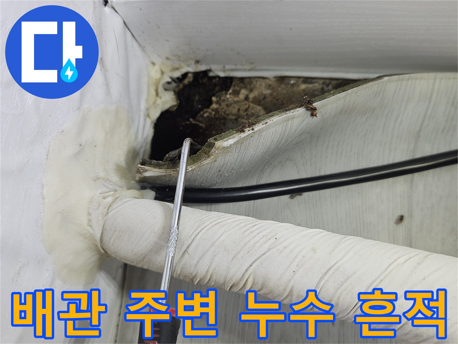 습기가 찬 배관 틈새-벽체 절개 부위의 습기 및 오염 상태 확인