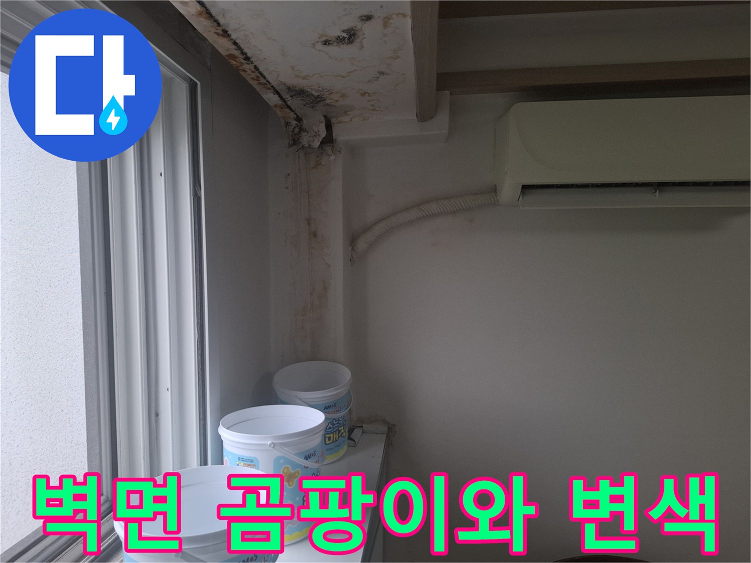 창틀 주변 벽면에 나타난 곰팡이 번식과 물에 젖은 벽지 상태