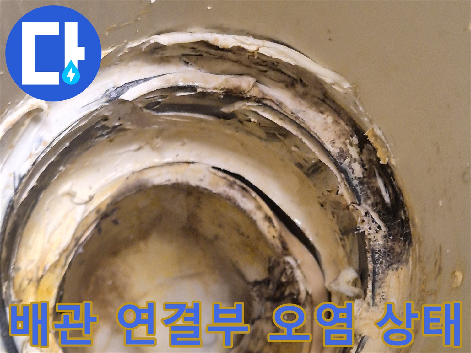 변기 아래쪽-오수관 주변의 찌꺼기와 물때가 낀 모습