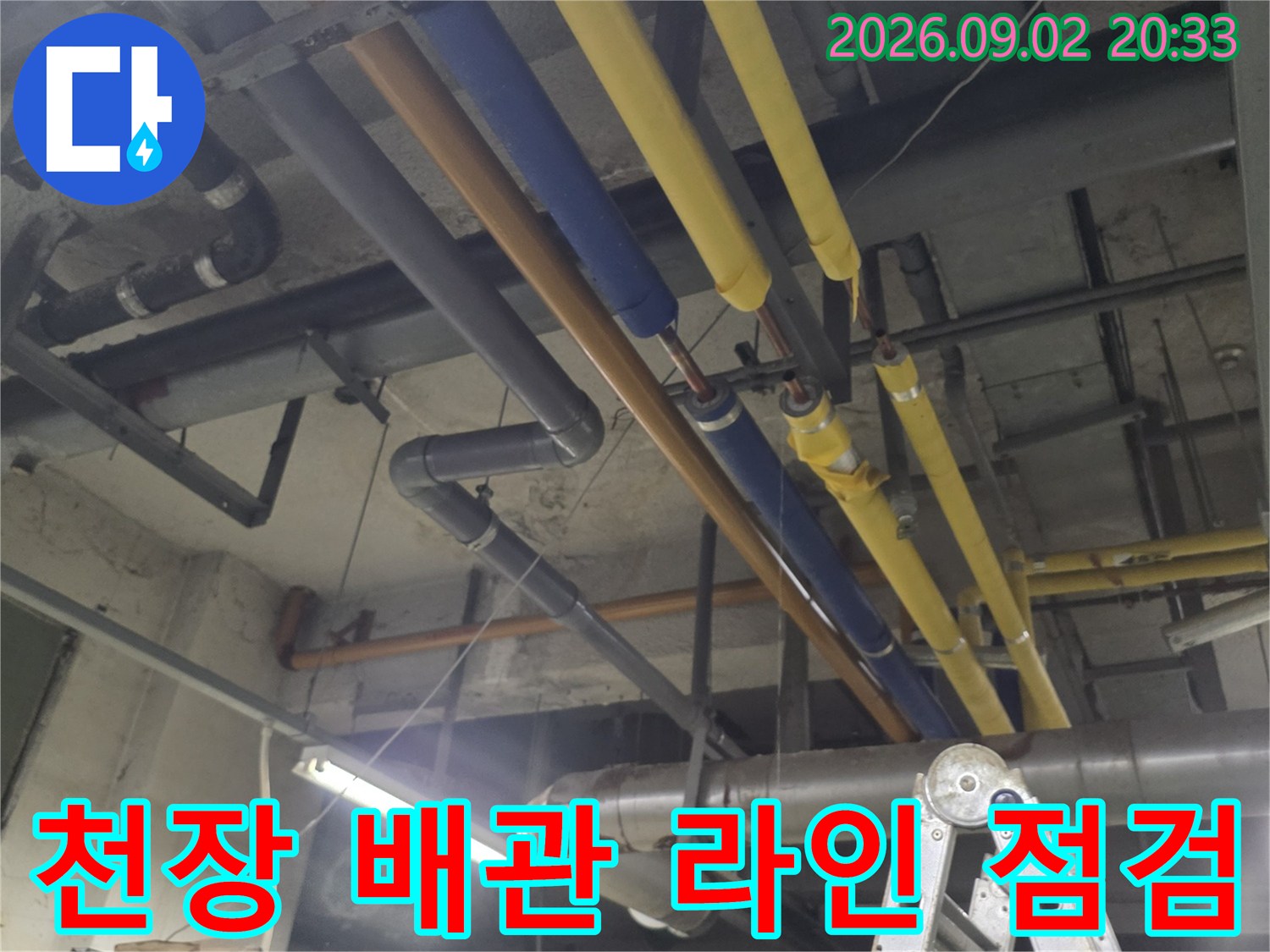 사다리를 사용하여-높은 위치의 천장 배관들을 면밀하게 검토하고 있습니다.