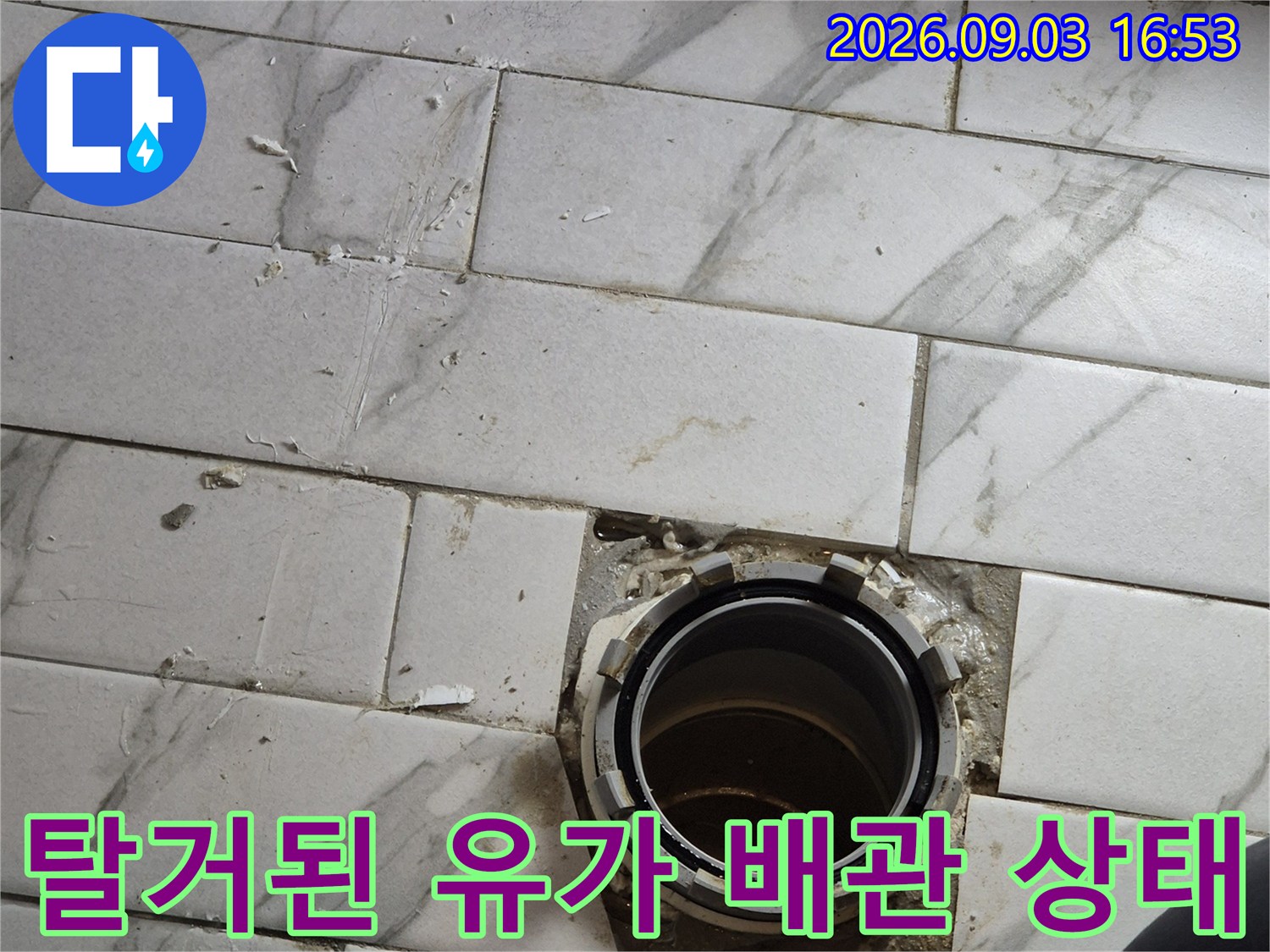 유가를 제거한 후 드러난 하수구 배관 주변의 점검 모습입니다.