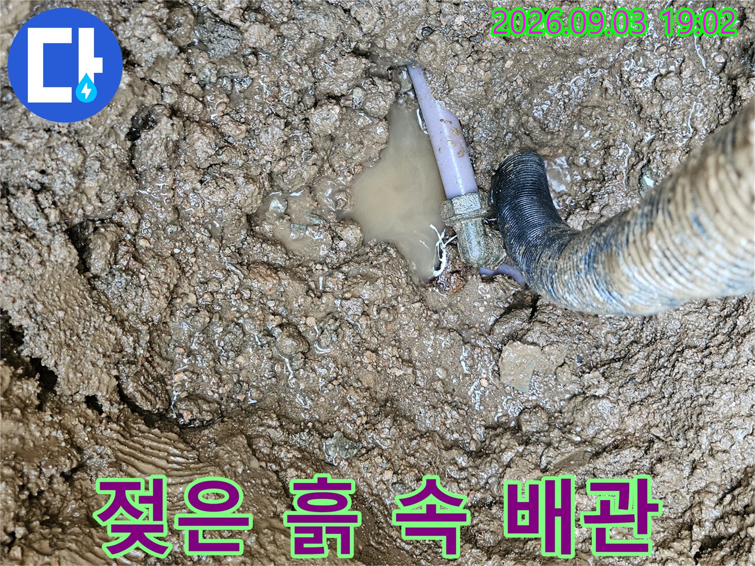 백암면 누수 현장에서-물에 젖어 있는 배관과 주변 토사 이미지입니다.
