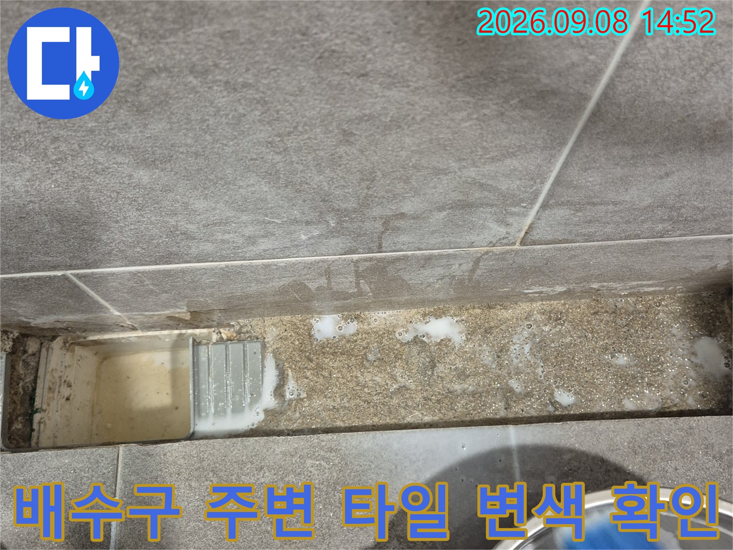 화장실 배수구 근처-타일 줄눈의 심한 변색 및 오염 상태