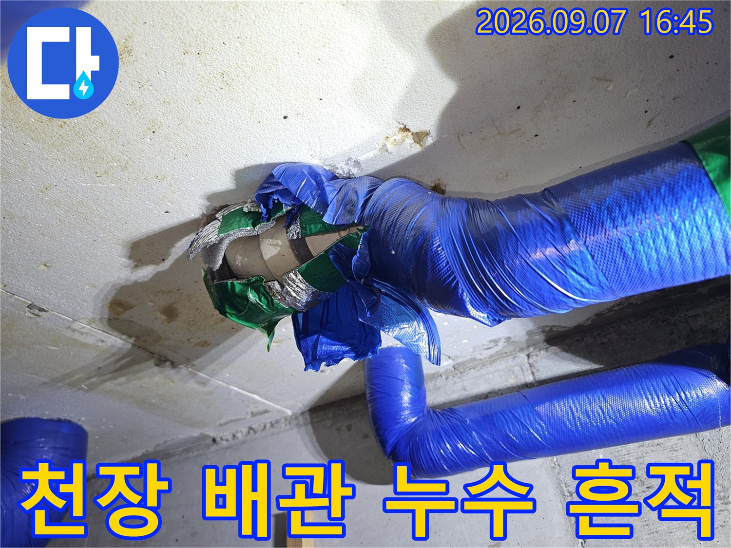 파란색 보온재로 감싸진 배관과 젖어있는 천장 콘크리트 면