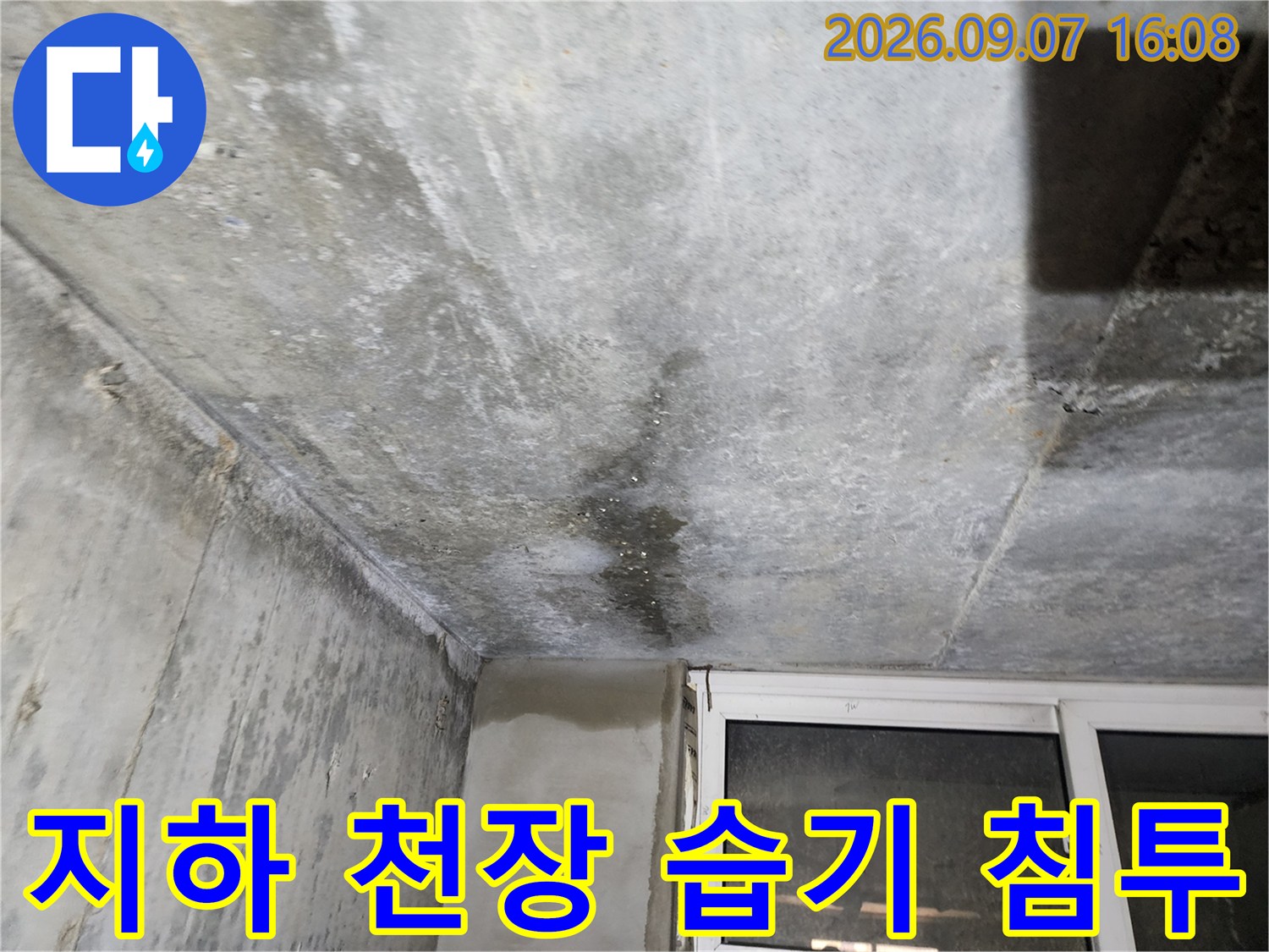 어둡게 얼룩진-지하층 콘크리트 천장 슬라브의 누수 피해 모습