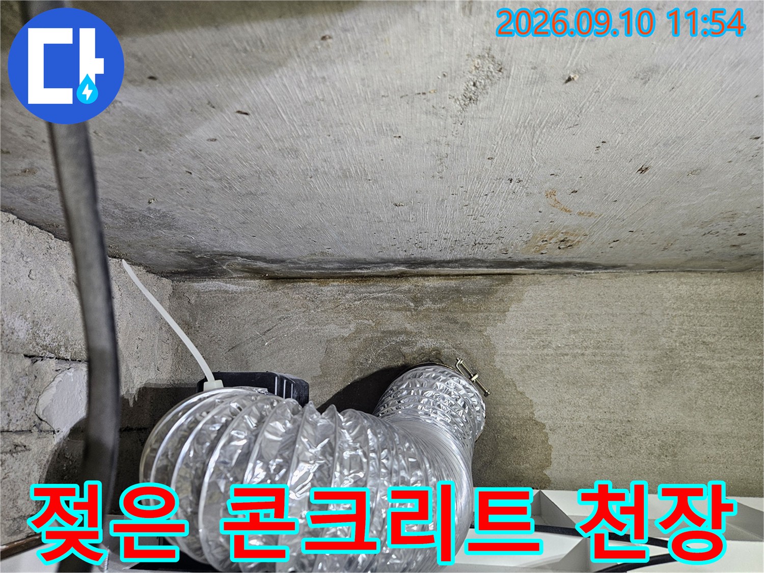 물기가 스며든 천장 콘크리트와 은색 주름관 배관의 모습